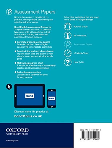 أوراق تقييم اللغة الانجليزية من بوند لتمارين 11+ من 7- 8 سنوات