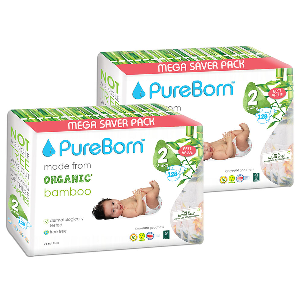 Pureborn Size 2 Master Pack 3-6kg Nappy 128's x 2 Bundle - Assorted