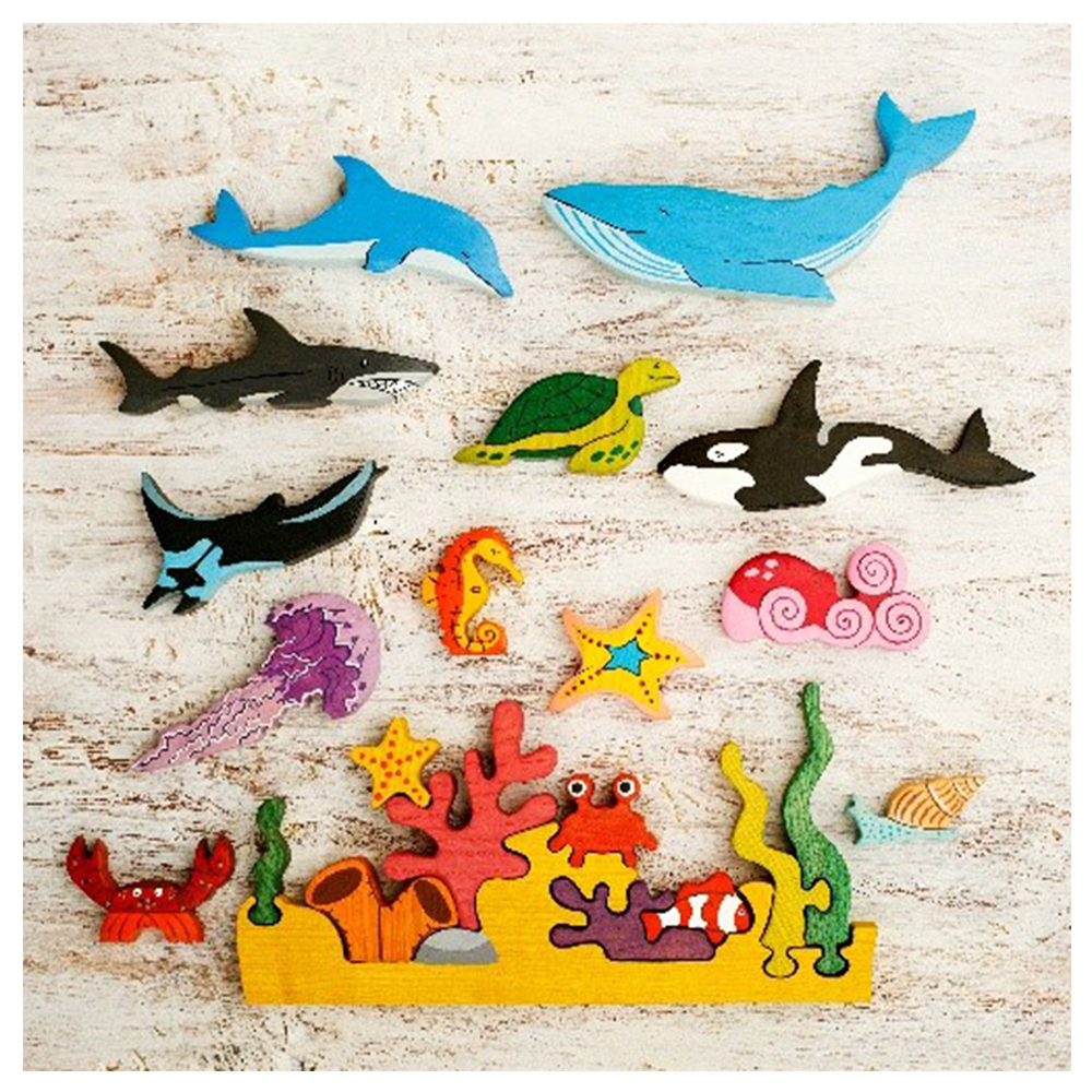 ألعاب كاتربيلر الخشبية - مجموعة مجسمات حيوانات المحيط + بازل