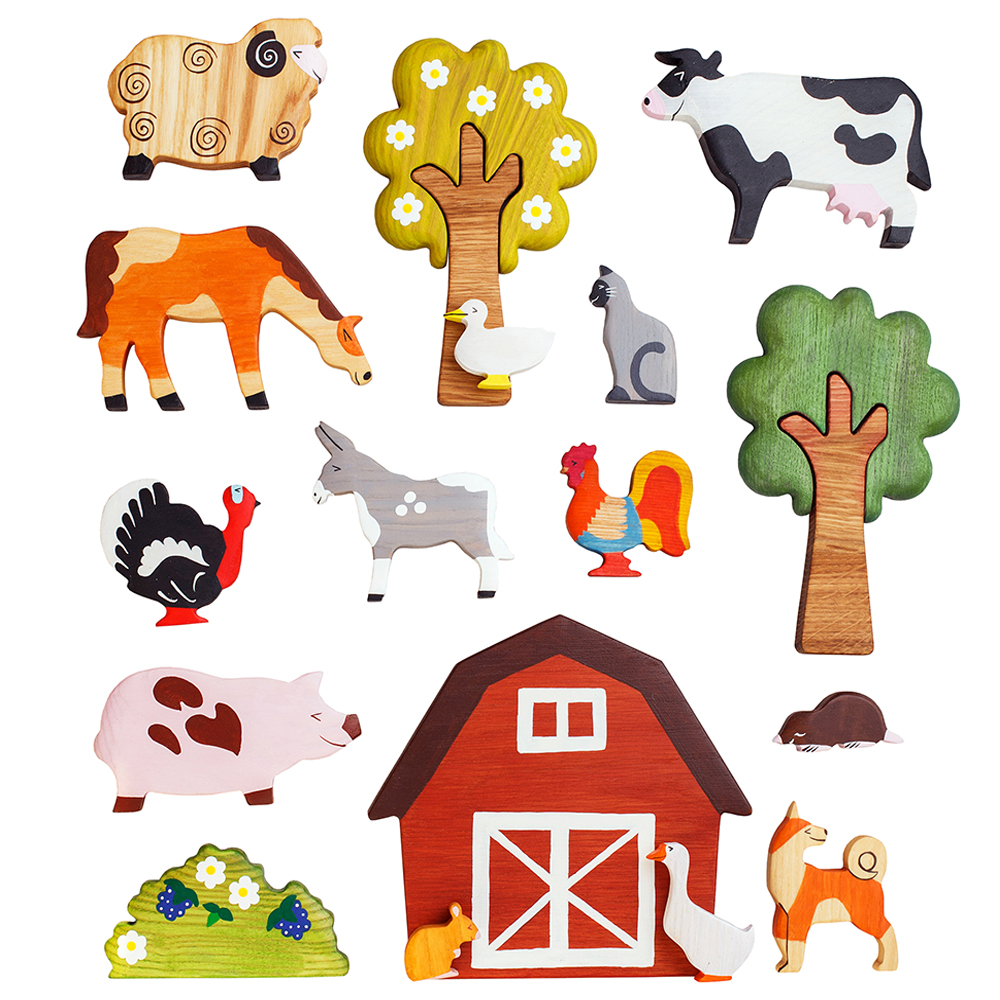 ألعاب كاتربيلر الخشبية - مجموعة مجسمات حيوانات المزرعة للعب