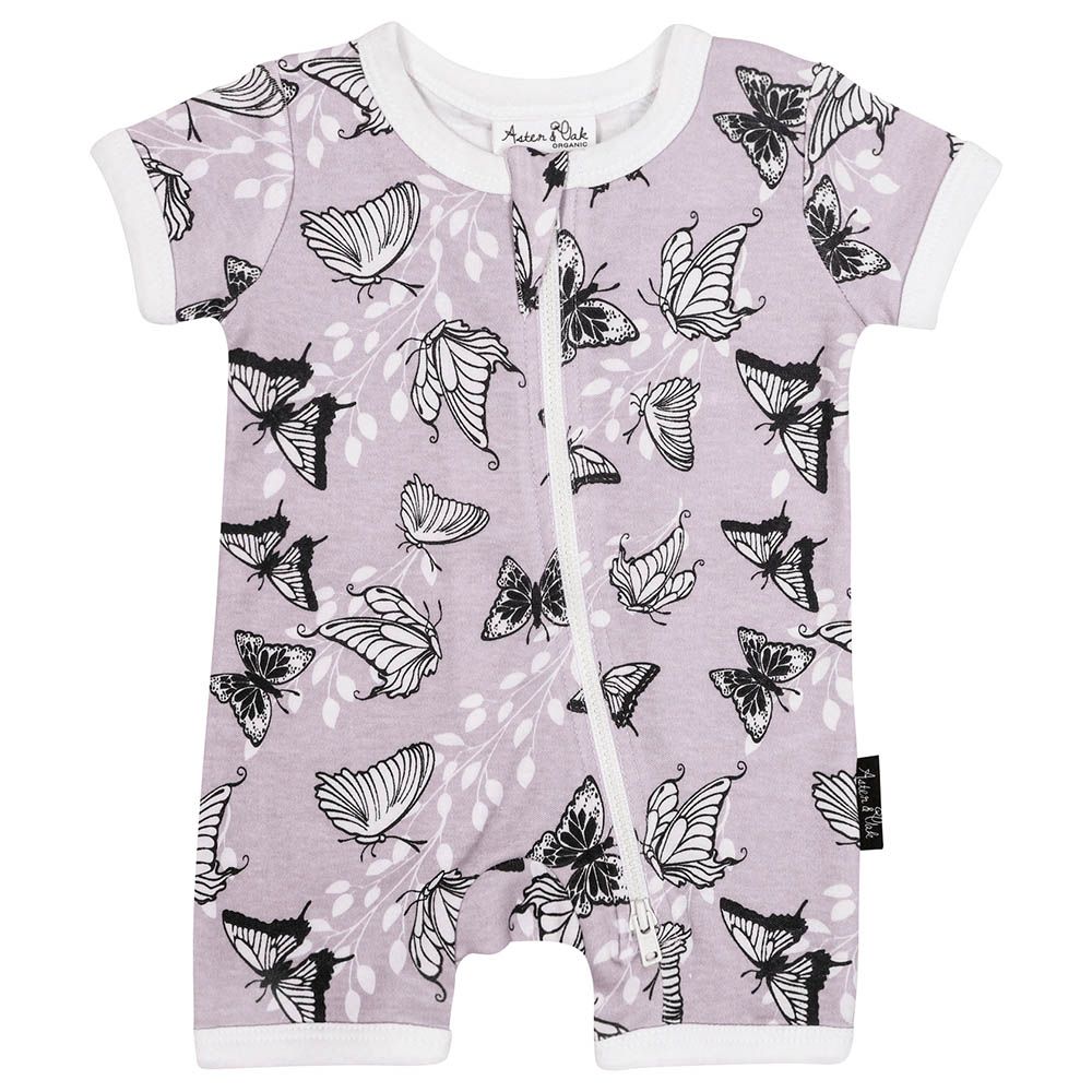 Aster & Oak - Butterfly Short Zip Romper Lavender