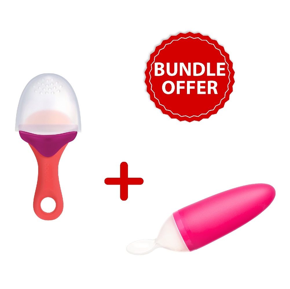 Boon Pulp Silicone Feeder - Magenta/Pink with Squirt Silicone Spoon - Pink