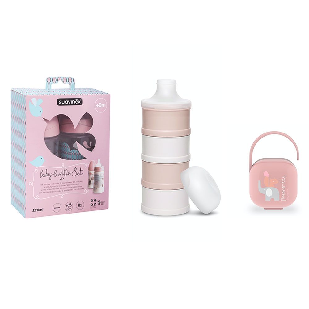 سوافينكس - مجموعة رضاعات - زهري + حامل للهاية + أوعية مسحوق الحليب