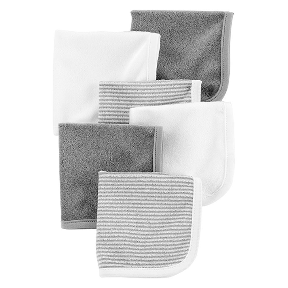 Carters - Striped And Plain Washcloths 6-pc Set - Grey