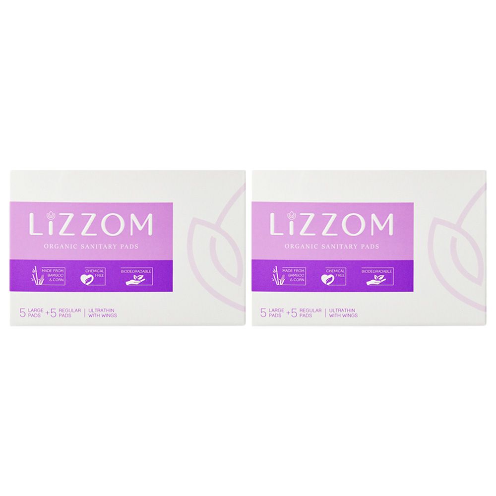 Lizzom Organic Ultrathin 10 Large Pads + 10 Regular Pads, Saver Pack of 2 (Biodegradable)