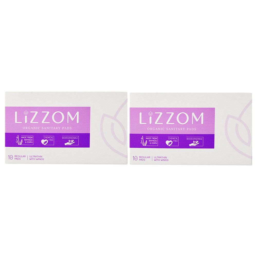 Lizzom Organic Ultrathin With Wings 20 Regular Pads x2, Saver Pack of 2 (Biodegradable)