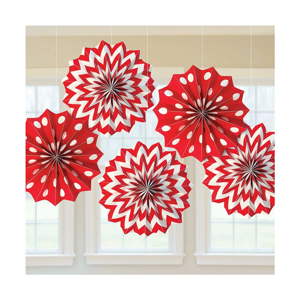 Amscan - Dots & Chevron Paper Fans 8" 5pcs - Apple Red