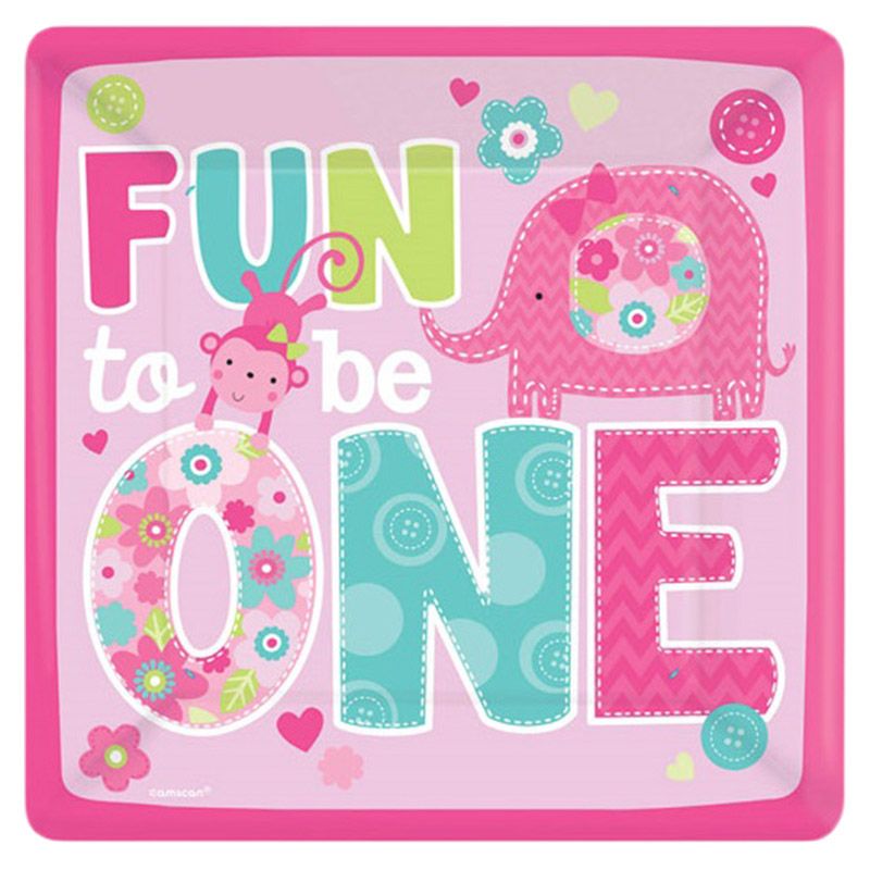 بارتي سنتر - أطباق ورقية مربعة لحفلة عيد الميلاد الأول للبنات - 10 إنش - 8 قطع