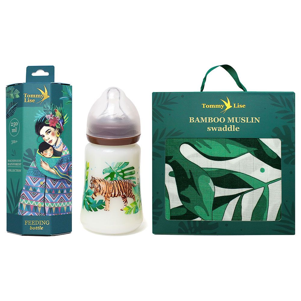Tommy Lise Feeding Bottle + Roaming Mangrove Muslin Swaddle